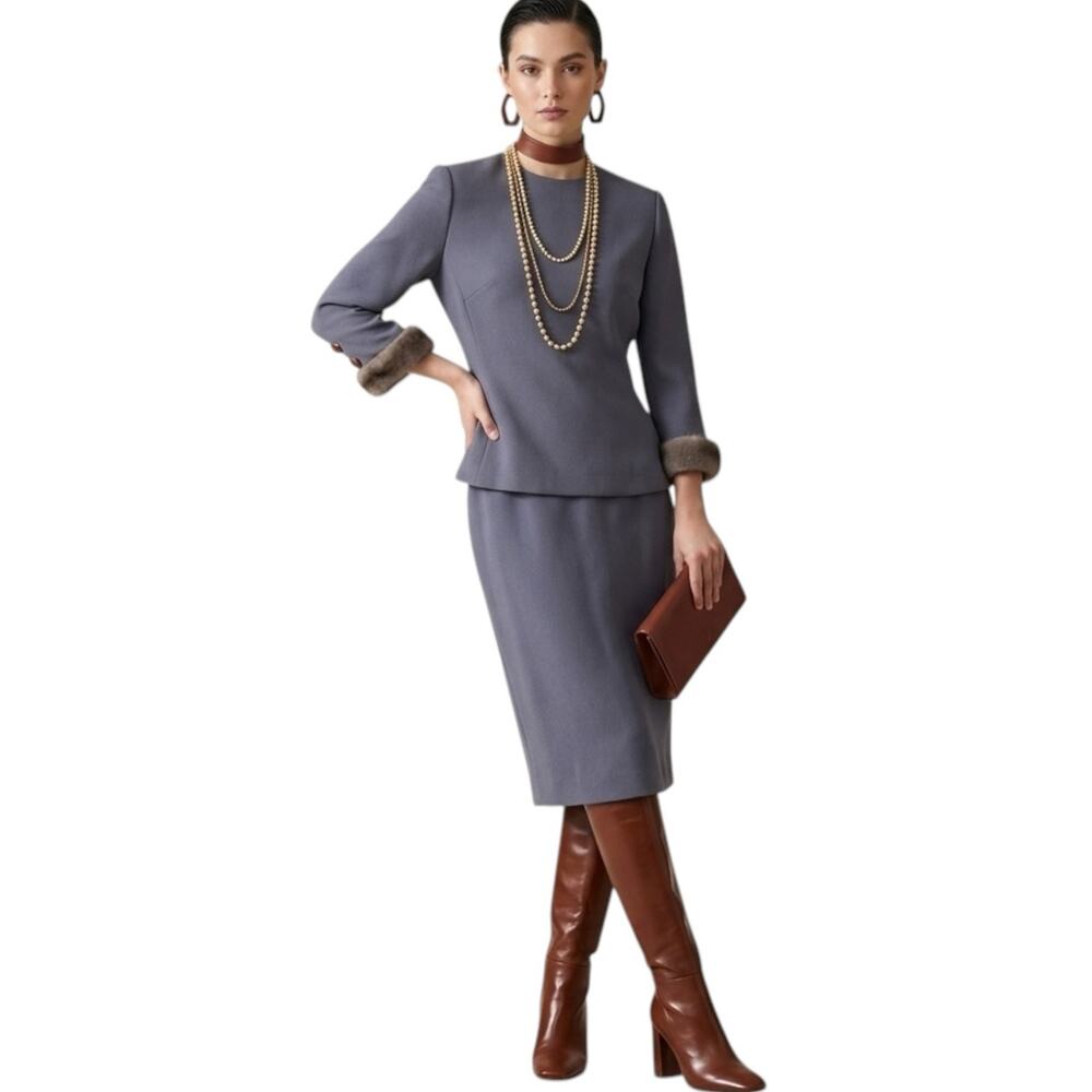 Chetta B Vintage 90's Genuine Mink Trimmed Two Piece Blue Gray Skirt Suit Size 4